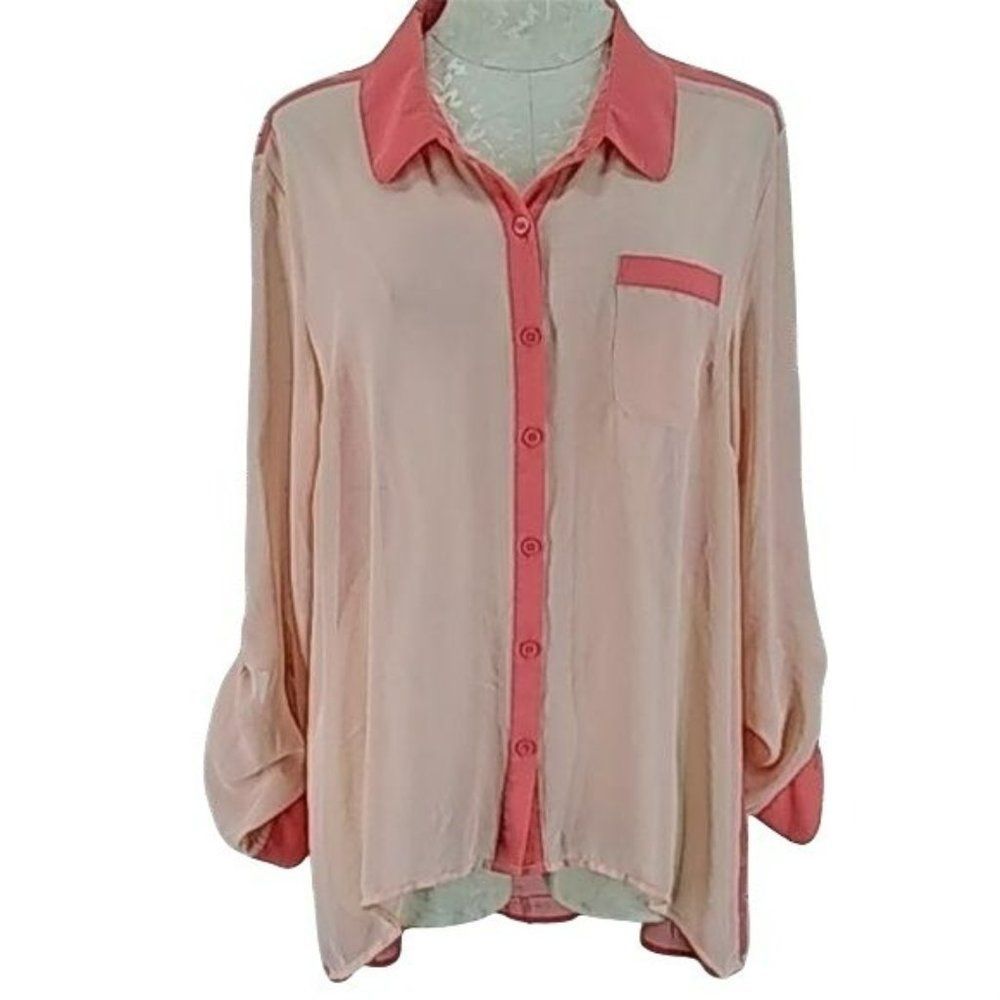 Maurice's Sheer pink coral XL Hi Low Button blouse